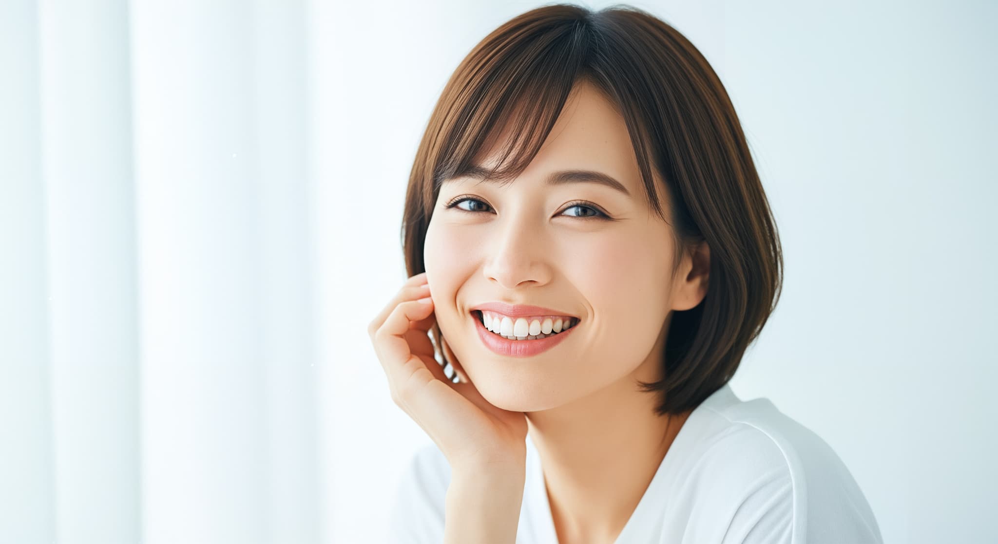 白く美しい歯を見せて笑う女性