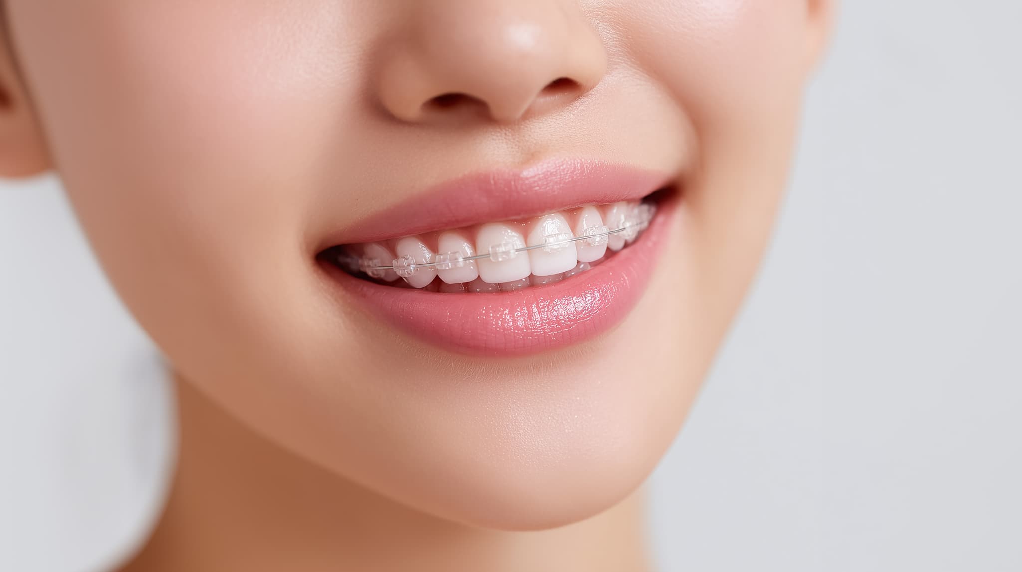 ワイヤー矯正をしている女性の口元