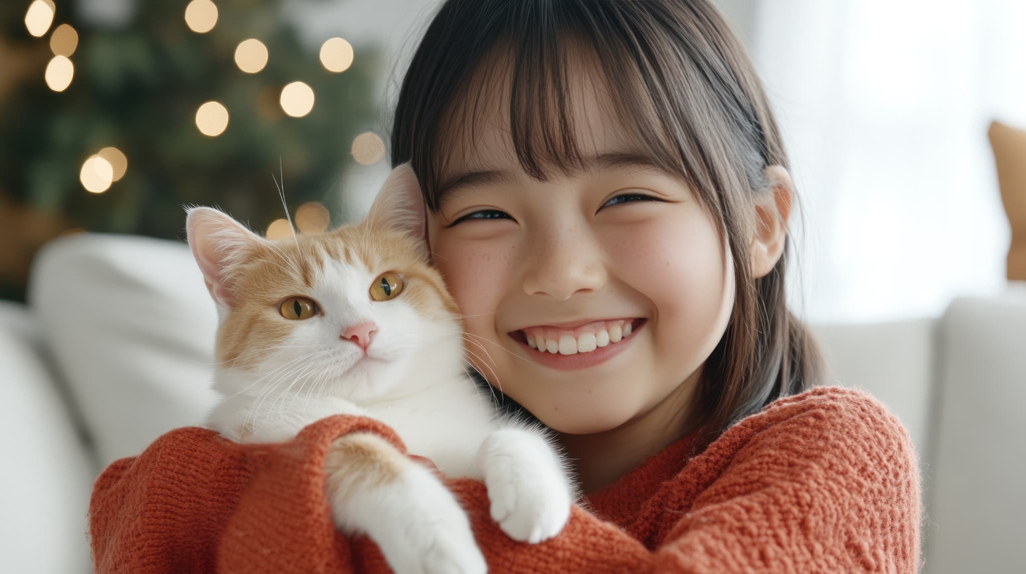 床矯正で美しい歯並びになった子どもが猫を抱いているイメージ