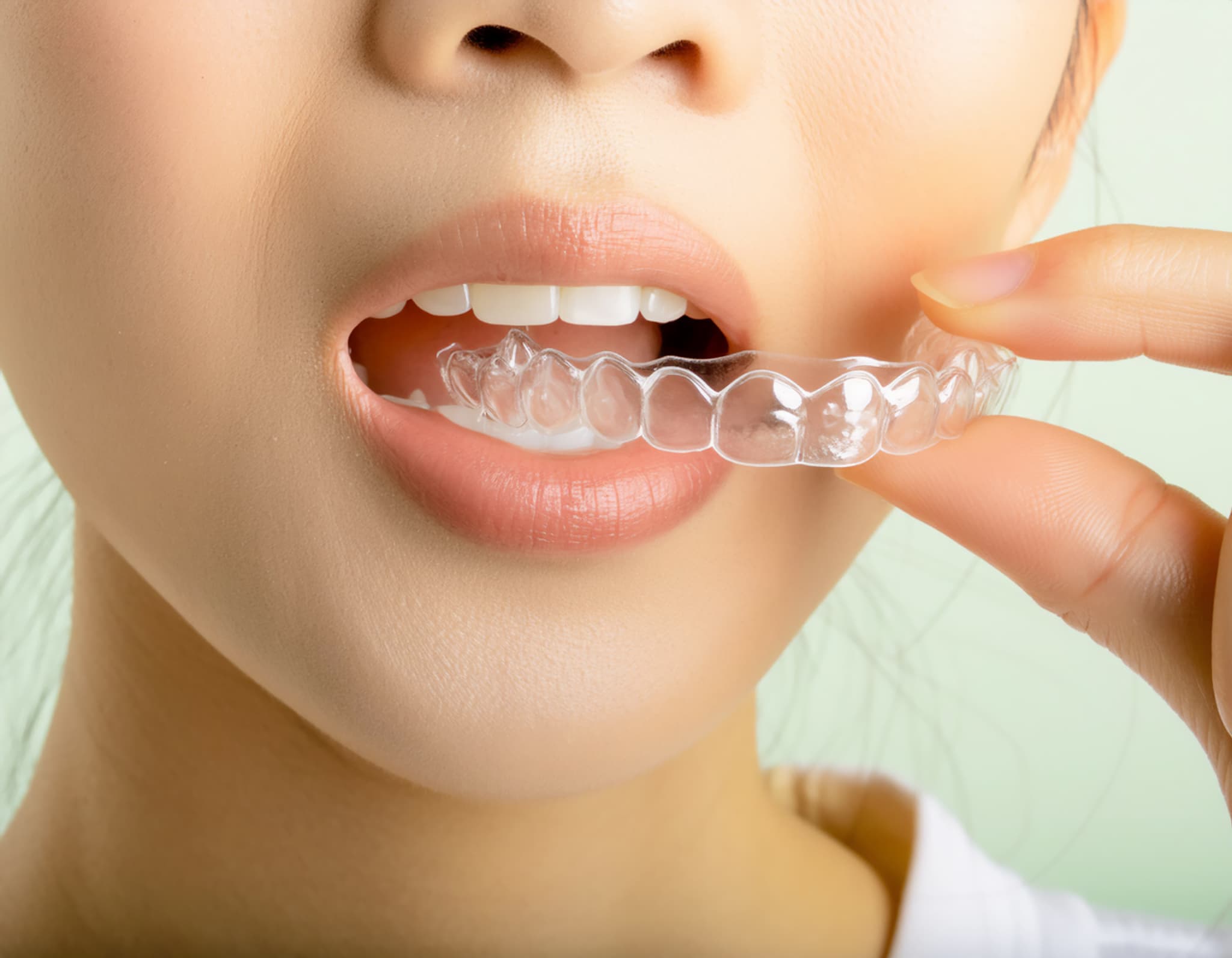 矯正用のマウスピースを装着する様子